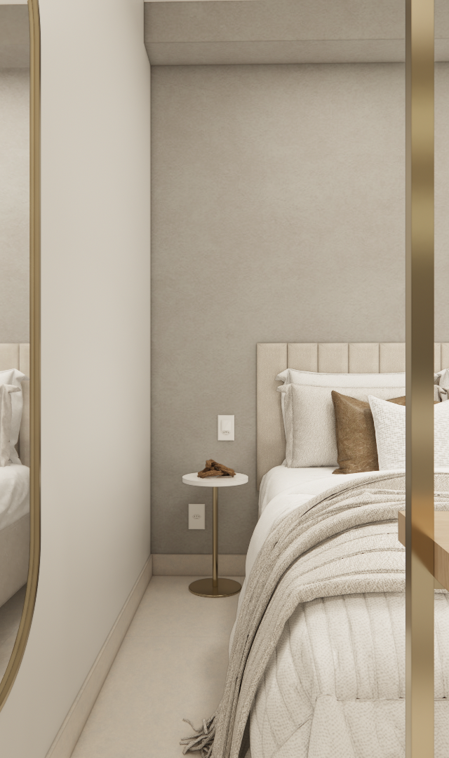 Render 3D de quarto com tons neutros, espelho oval com moldura dourada, cama com cabeceira estofada e iluminação suave