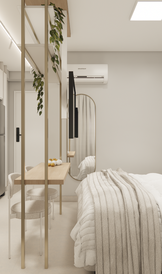 Render 3D de estúdio no Brooklin com cozinha integrada, mesa, cama, tons neutros, marcenaria clara e detalhes em dourado