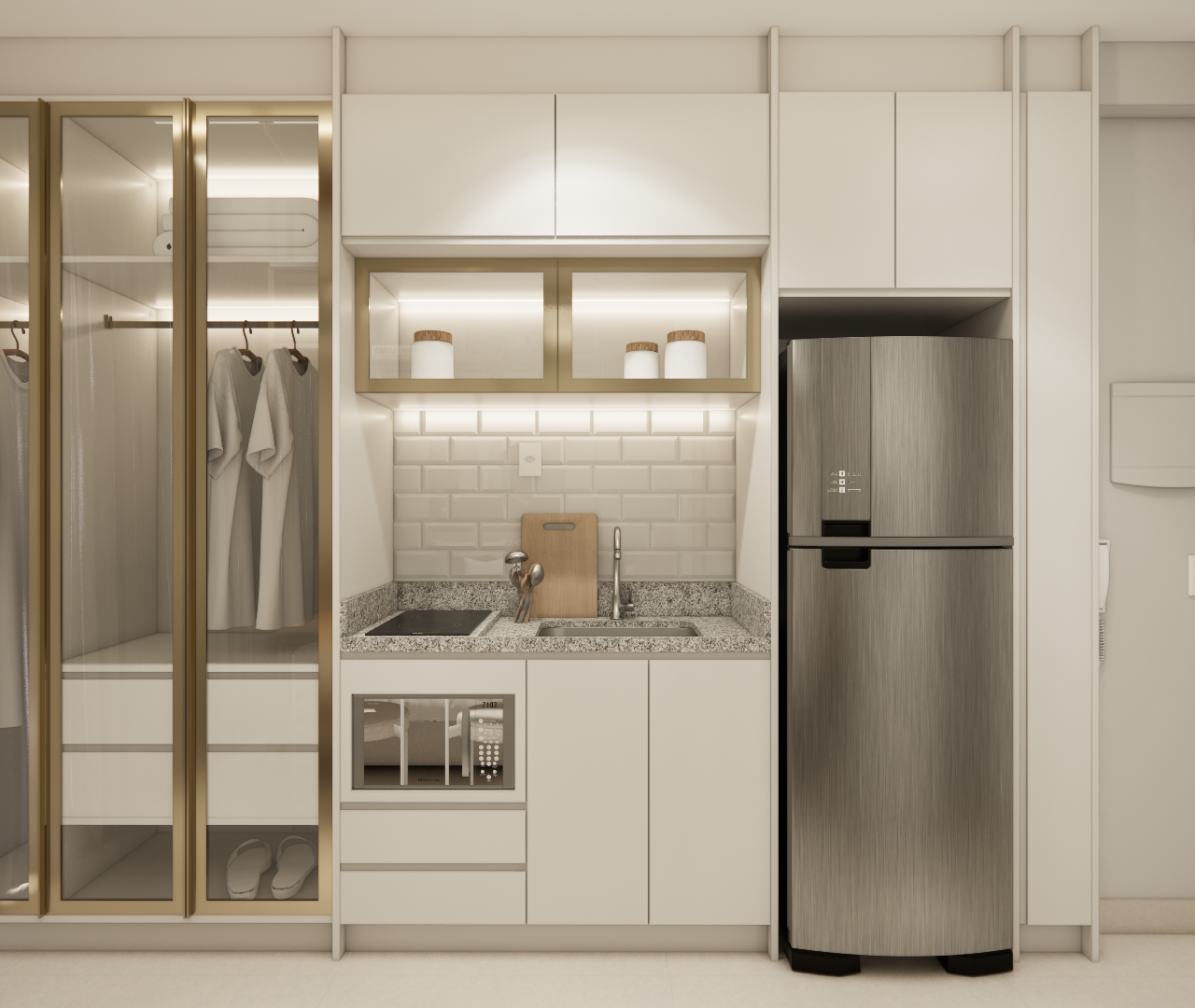Render 3D de copa compacta com marcenaria branca, detalhes em dourado, bancada em granito e geladeira em inox no Brooklyn