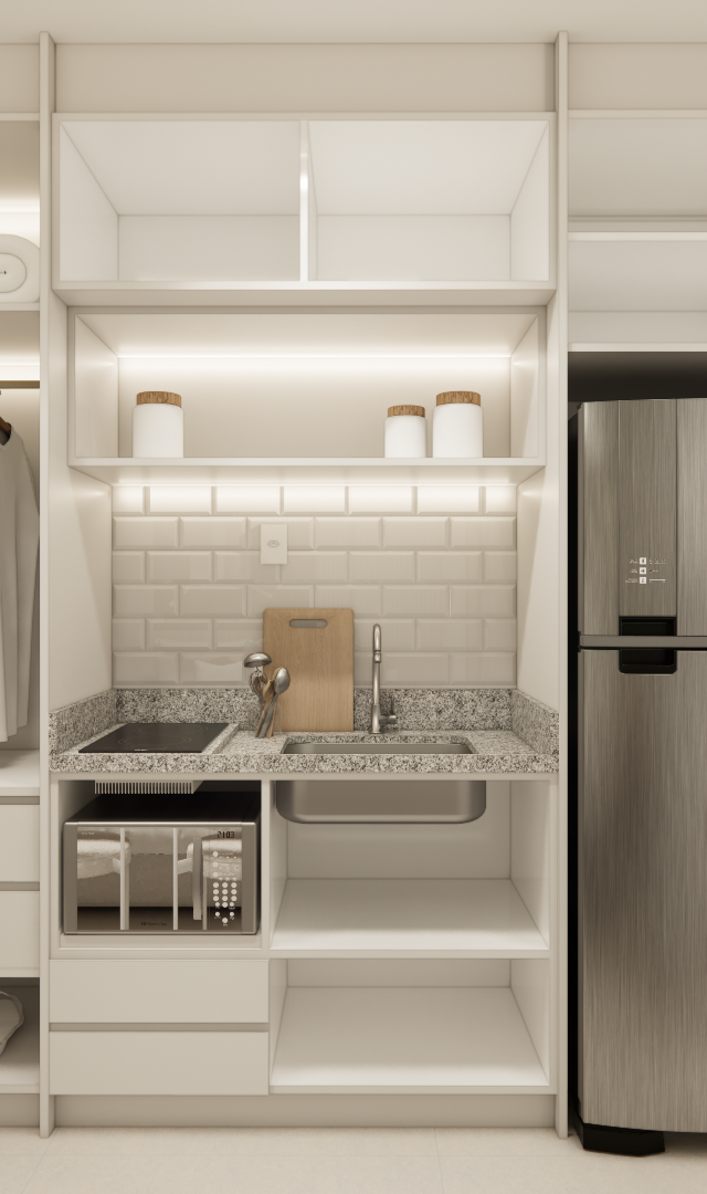 Render 3D de estúdio com marcenaria branca, armário com portas de vidro, mini cozinha com bancada em granito e iluminação