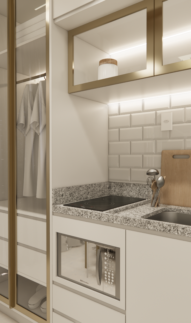 Render 3D de cozinha compacta com marcenaria branca, detalhes dourados, bancada em granito, azulejos brancos e iluminação LED