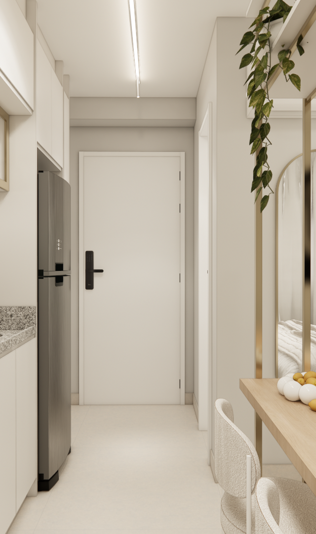 Render 3D de estúdio no Brooklin com cozinha em tons claros, detalhes dourados, marcenaria planejada e bancada de refeição
