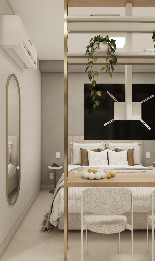Render 3D de estúdio no Brooklin com cama, mesa de jantar em marcenaria clara, estante metálica dourada e tons neutros