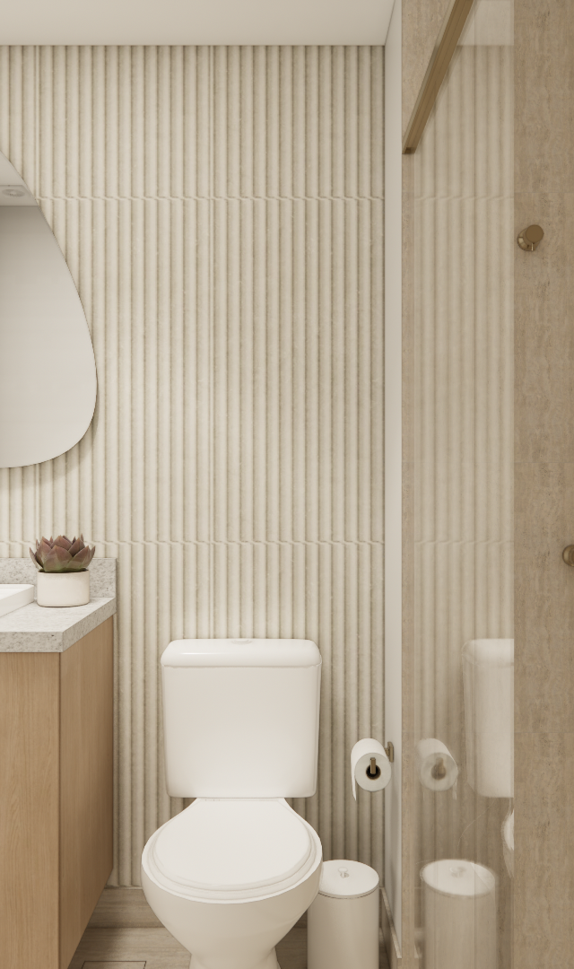 Render 3D de banheiro B&F com tons neutros, marcenaria em madeira, metais dourados, espelho orgânico e revestimento ripado
