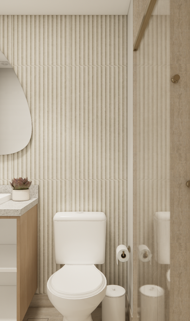 Render 3D de banheiro tons neutros com parede ripada, espelho orgânico, bancada em pedra e metais dourados B&F Brooklin