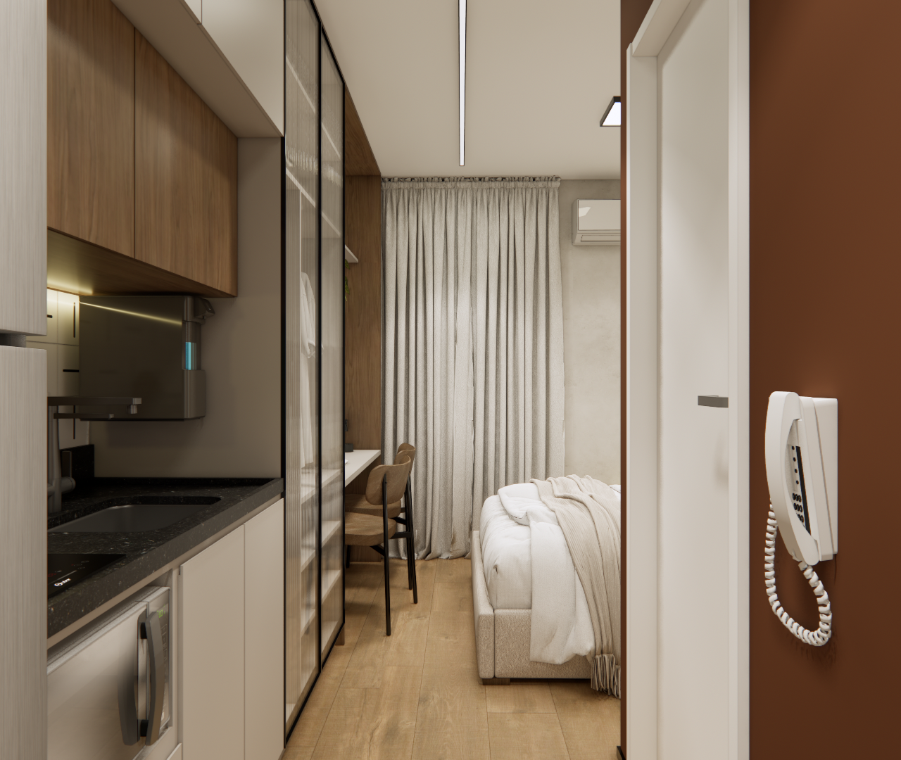 Projeto 3D: Passagem entre cozinha amadeirada e porta terracota, com cama e cortina ao fundo