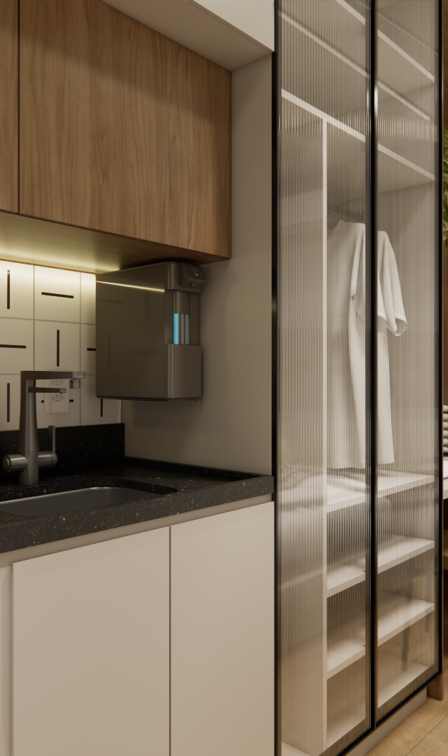 Projeto 3D: Cozinha amadeirada com bancada preta e armário de vidro junto à cama