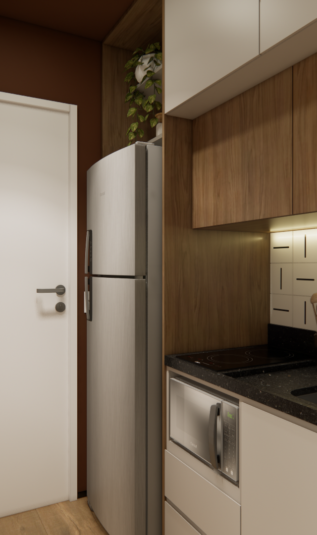Projeto 3D: Porta branca ao lado da cozinha com bancada preta e armários amadeirados