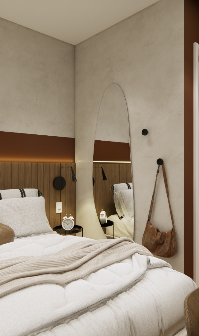 Projeto 3D: Cama com cabeceira ripada, pratos decorativos e espelho curvo junto à porta