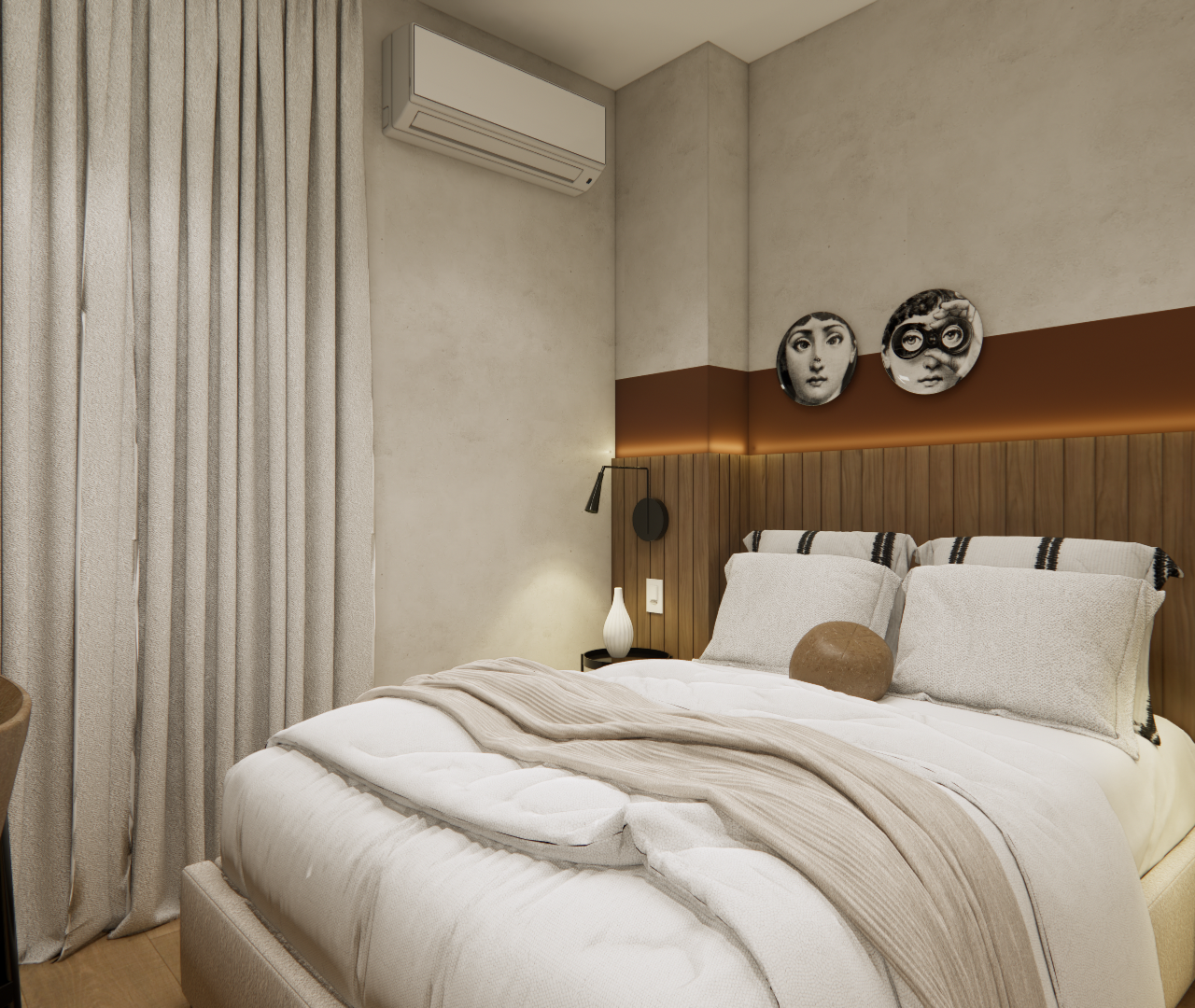 Projeto 3D: Cama com almofadas claras, cabeceira ripada e cortina na janela