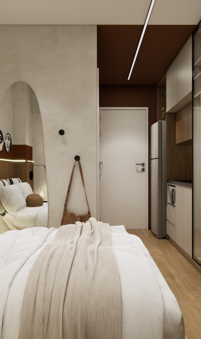 Projeto 3D: Cama com pratos decorativos, espelho curvo e armário de vidro ao fundo
