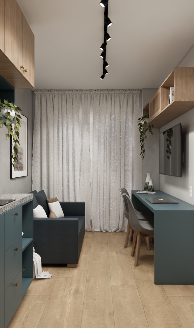 Render 3D de sala e cozinha integradas, marcenaria azul e madeira, piso amadeirado, iluminação em trilho e cortina clara