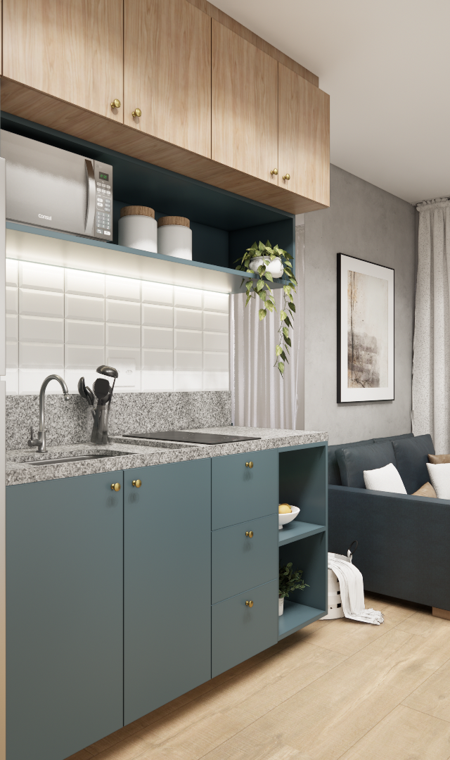 Render 3D de estúdio com marcenaria azul e madeira, cozinha linear, sofá, mesa de trabalho e iluminação em trilho no teto