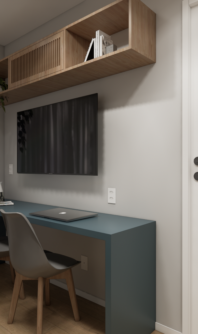 Render 3D de home office em tons de azul e madeira, com prateleira superior, TV, mesa de trabalho e cadeiras modernas