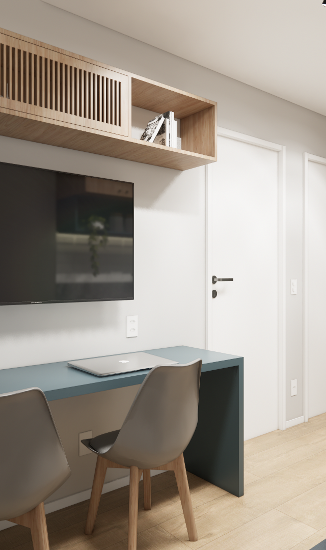 Render 3D de sala no Brooklin com marcenaria azul, prateleiras em madeira, TV, mesa de trabalho e iluminação por trilho