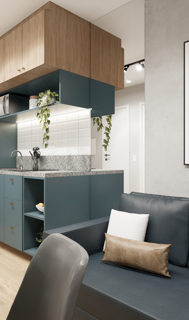 Render 3D de sala e cozinha integrada no MY ONE Brooklin com marcenaria azul e madeira, sofá azul e parede em cimento