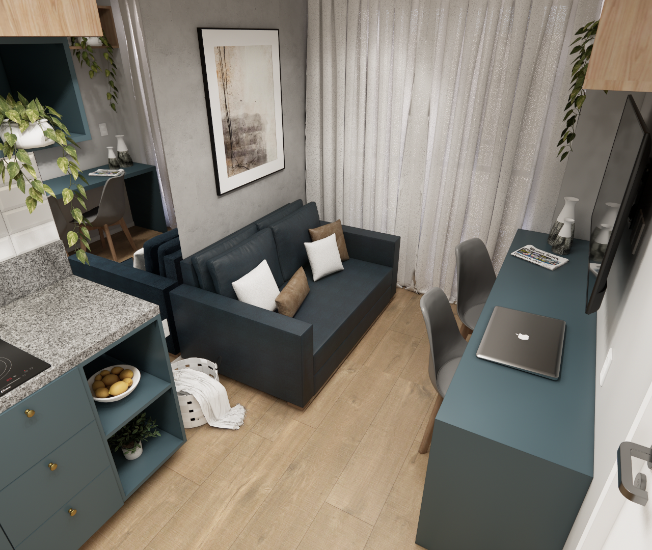 Render 3D de sala e cozinha integradas com móveis azul-petróleo, bancada em granito, parede cinza e piso amadeirado