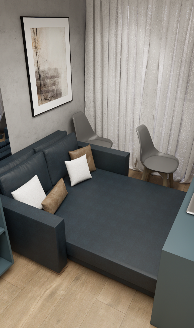 Render 3D de sala e cozinha integradas, marcenaria azul, sofá-cama, bancada de granito, parede de cimento queimado e piso