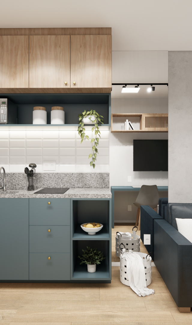 Render 3D de sala e cozinha integradas com marcenaria azul e madeira, bancada em granito, sofá azul e parede cinza