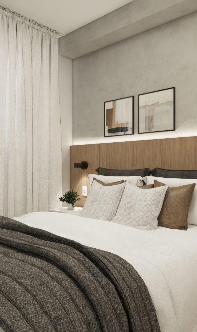 Render 3D de quarto com cama, cabeceira em madeira e cimento queimado, iluminação indireta e cortinas claras em Brooklin
