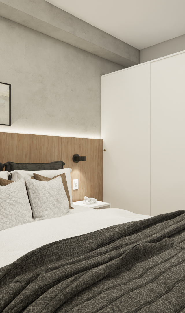 Render 3D de quarto no My One Brooklin com cabeceira de madeira, parede de cimento queimado, guarda-roupa branco e iluminação