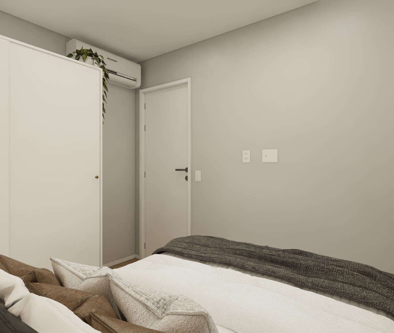 Render 3D de quarto no My One Brooklin com paredes cinzas, guarda-roupa branco, ar-condicionado e cama com manta cinza