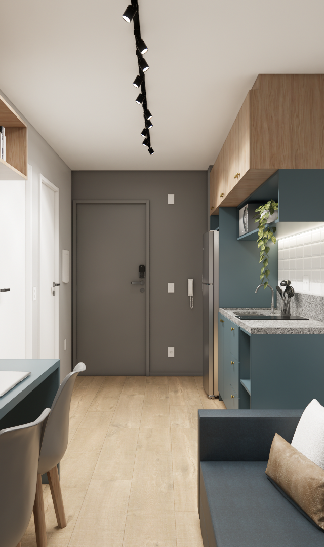 Render 3D de sala e cozinha integradas, marcenaria azul e madeira, piso amadeirado, sofá azul e iluminação em trilho