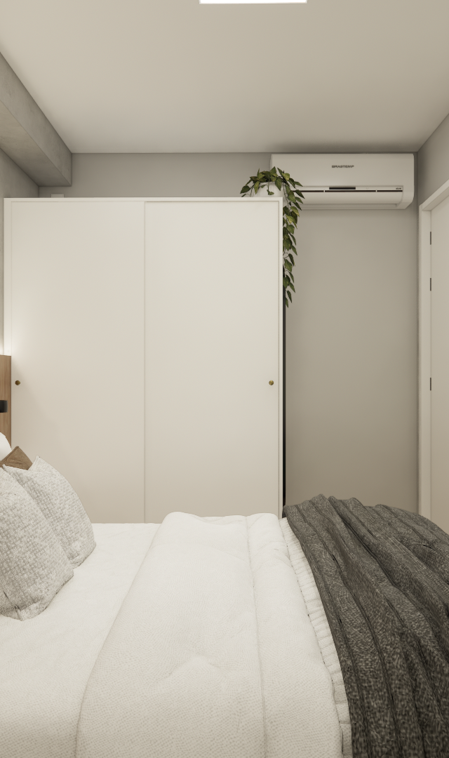 Render 3D de quarto no My One Brooklin com cama, cabeceira em madeira, parede em concreto, armário branco e iluminação LED