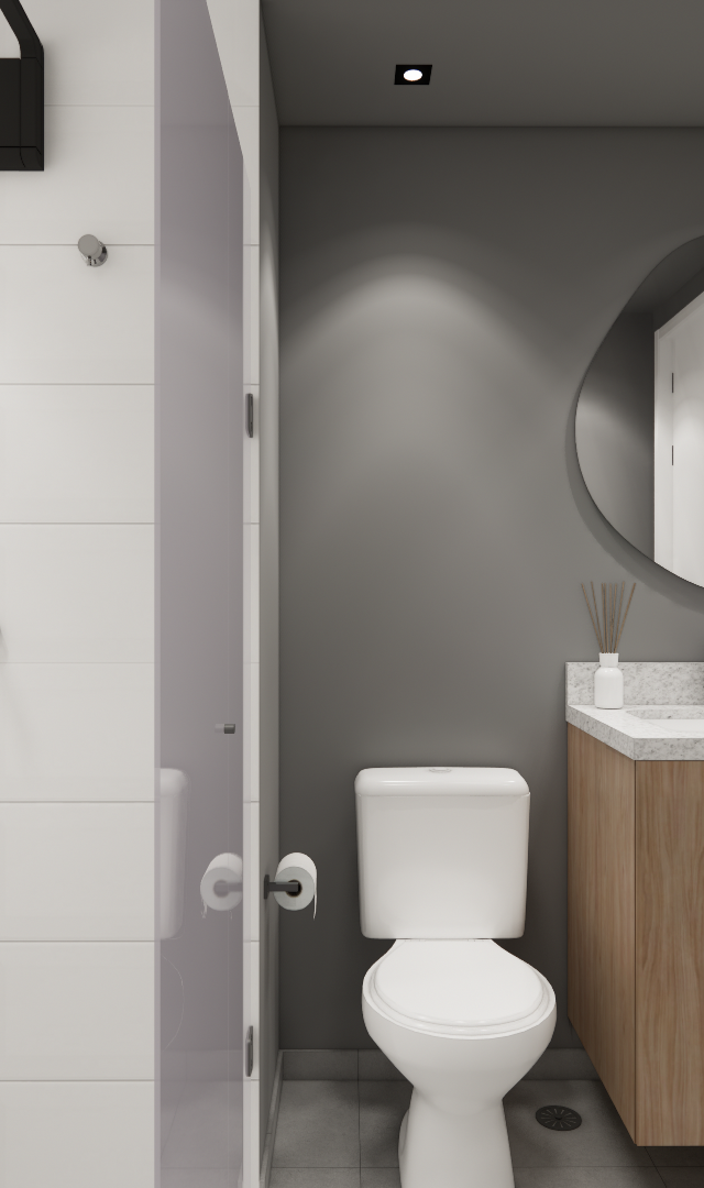 Render 3D de banheiro no MY ONE BROOKLIN com paredes cinzas, box branco, gabinete em madeira e espelho orgânico