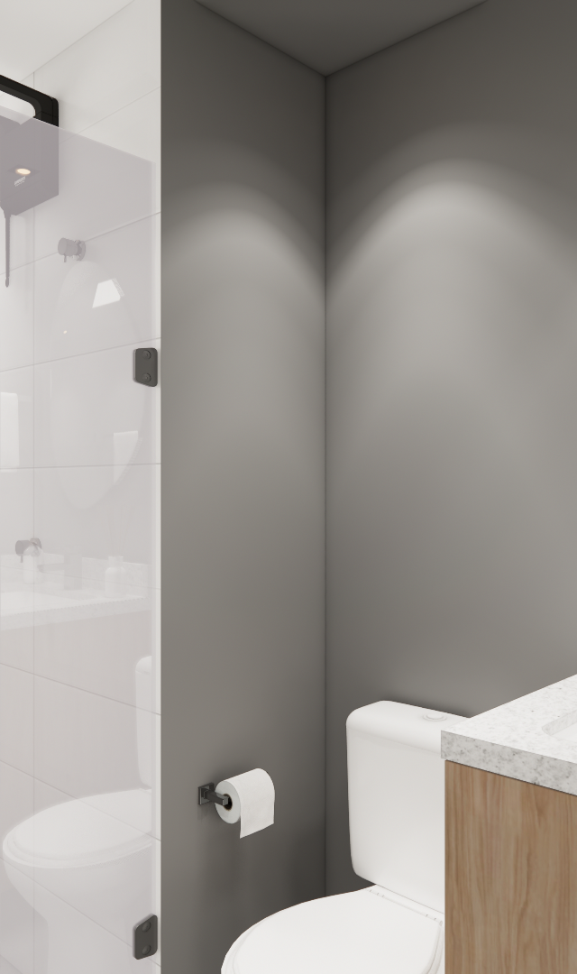 Render 3D de banheiro moderno no Brooklin, com marcenaria em madeira, bancada em pedra clara, espelho orgânico e metais