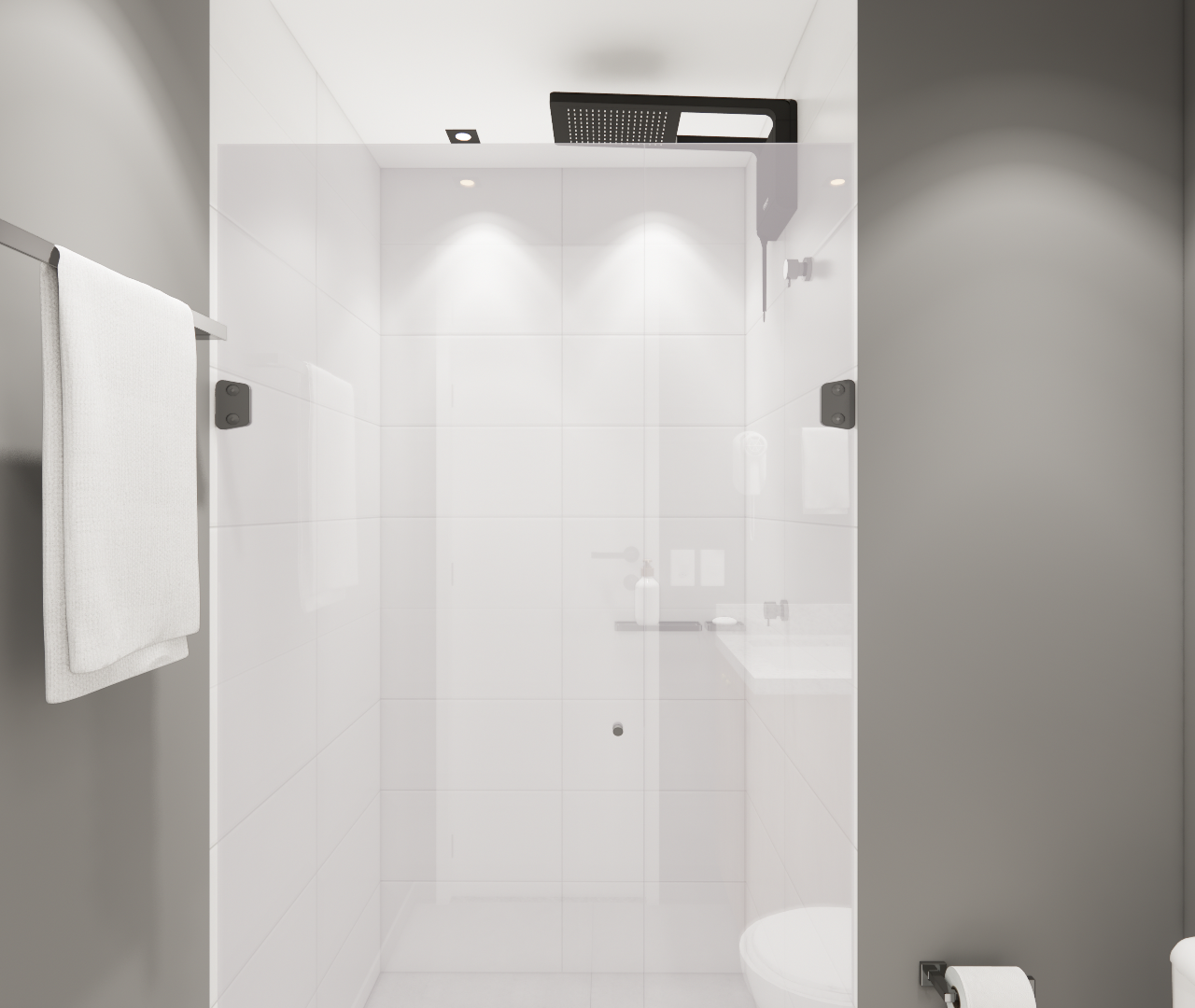 Render 3D de banheiro no MY ONE BROOKLIN com box de vidro, metais pretos, paredes cinza e iluminação embutida focada