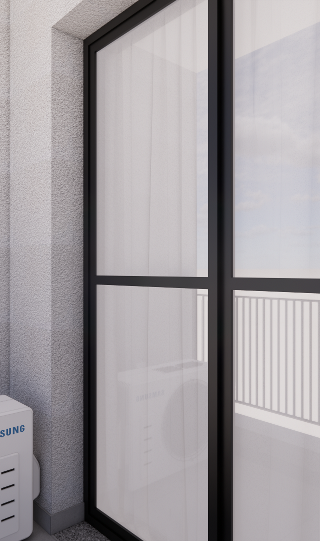 Render 3D de varanda no MY ONE Brooklin com parede texturizada branca, condensadora de ar condicionado e porta de vidro