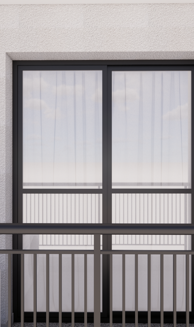 Render 3D de sacada no My One Brooklin com guarda-corpo metálico preto, porta de vidro e paredes em textura clara