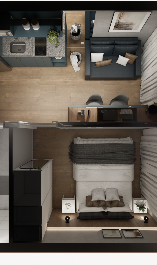 Render 3D de planta de apartamento no Brooklin com cozinha azul, sala, quarto e banheiro, tons neutros e piso amadeirado
