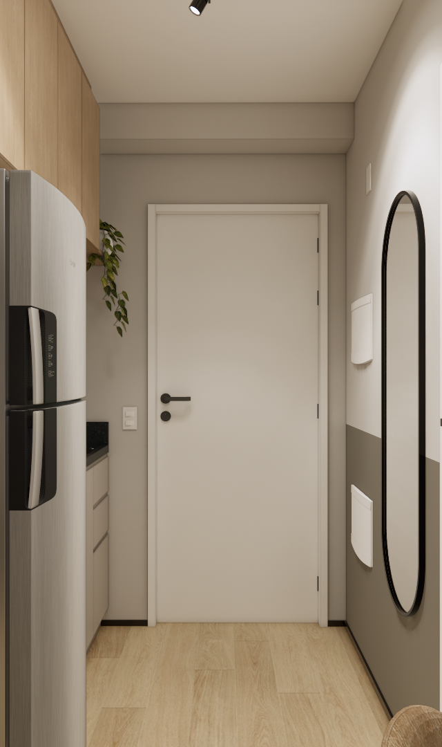 Render 3D de corredor em apartamento com marcenaria em tons de madeira clara, parede cinza, espelho oval e piso amadeirado