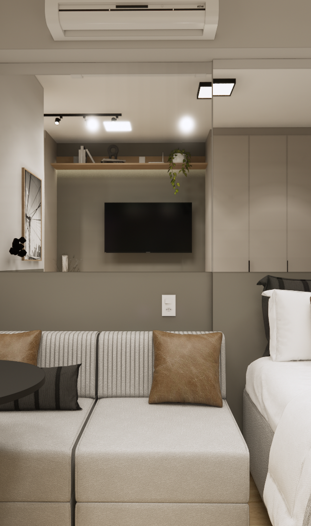 Render 3D de quarto compacto em tons neutros com cama, sofá, mesa preta, parede espelhada e iluminação indireta quente