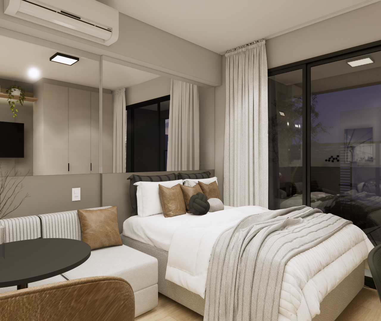 Render 3D de quarto pequeno com cama, sofá, mesa lateral, espelho amplo, tons neutros, iluminação quente e cortinas