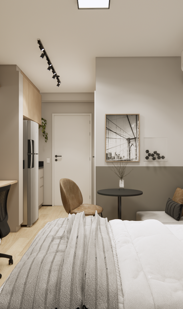 Render 3D de estúdio de 27m² com cama, mesa de trabalho, tons neutros, marcenaria em madeira clara e iluminação em trilho
