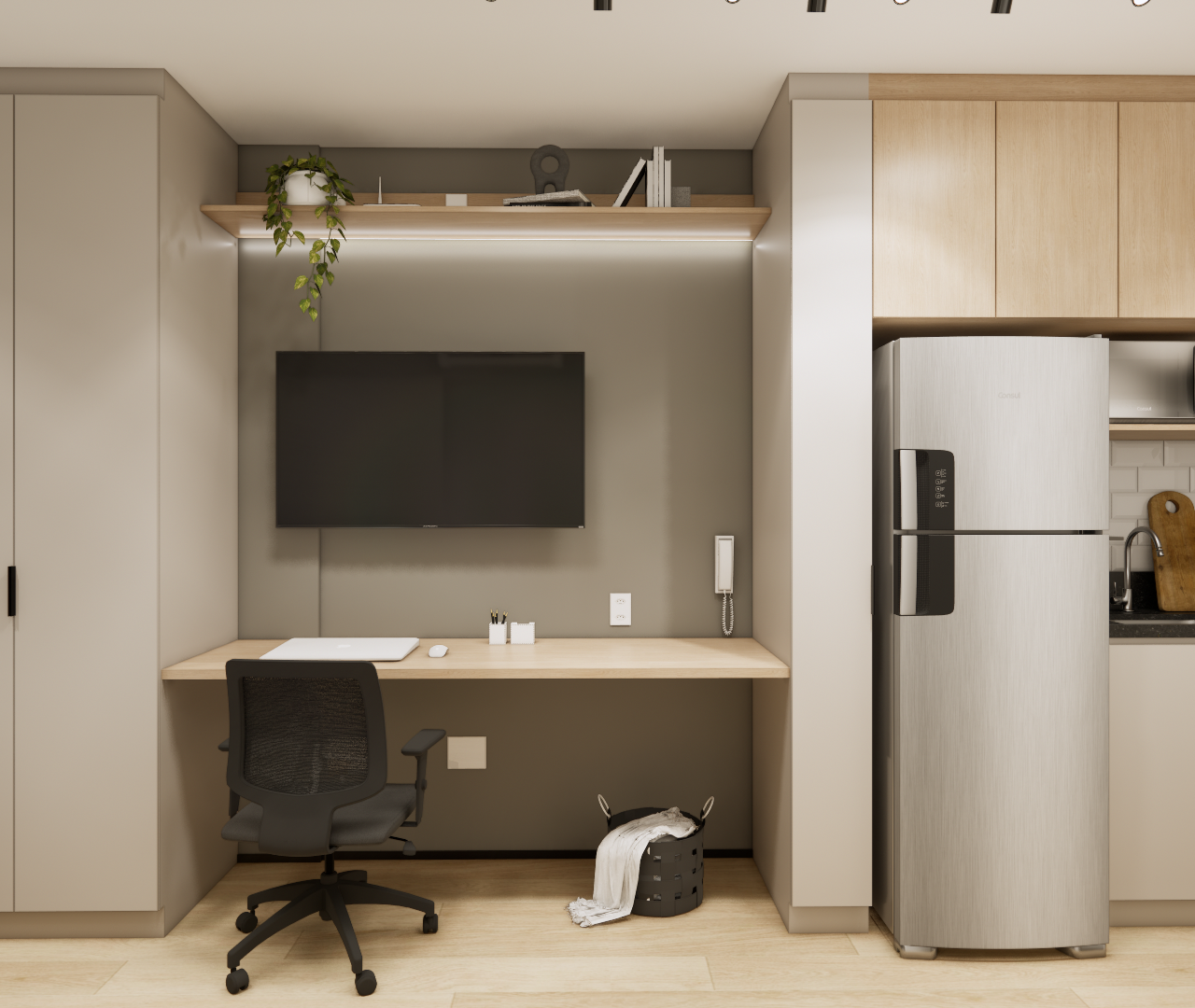 Render 3D de estúdio com bancada de trabalho, marcenaria em tons de bege e madeira, eletrodomésticos inox e iluminação LED