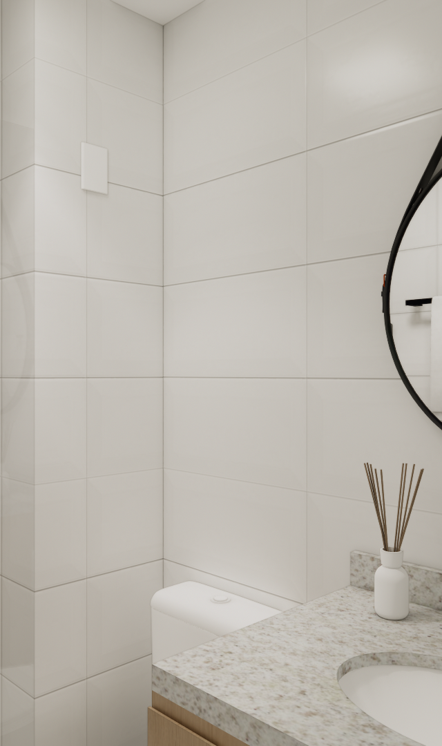 Render 3D de banheiro pequeno com revestimento branco, metais pretos, espelho redondo e bancada de granito claro