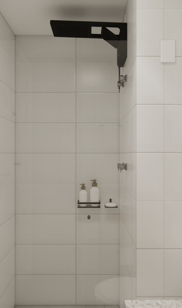 Render 3D de banheiro pequeno com revestimento branco, metais pretos, ducha, toalheiro e bancada em pedra no CC YBY Urban