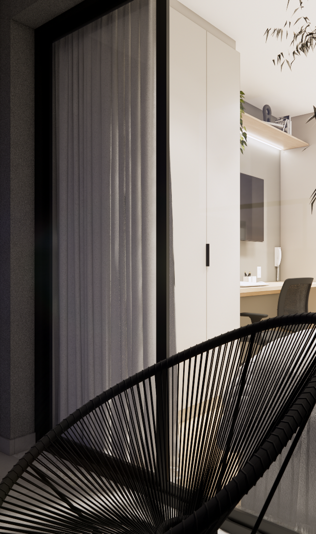 Render 3D de varanda de apartamento com poltrona preta, vaso com planta e vista para dormitório com marcenaria clara