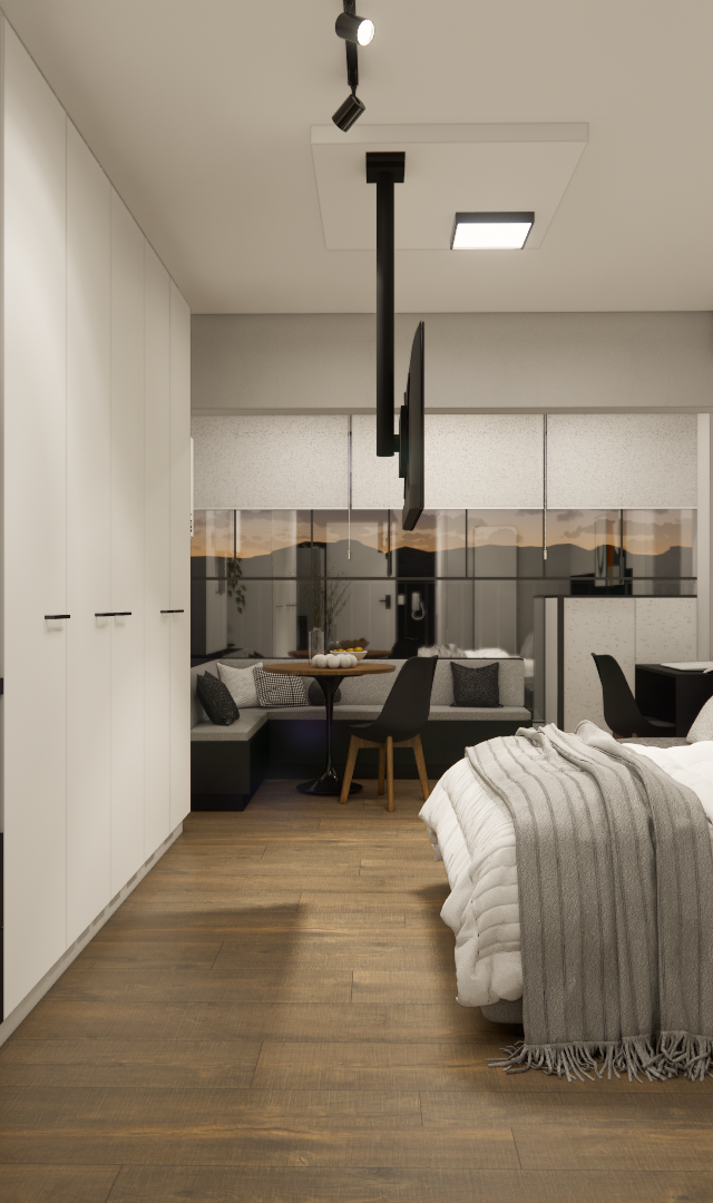 Render 3D de estúdio de 30m² com cozinha preta, armários brancos, piso amadeirado, cama de casal e área de refeição ao fundo