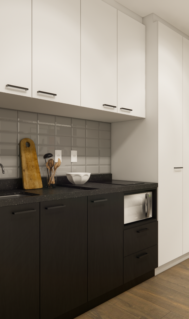 Render 3D de cozinha compacta moderna em tom preto e branco com marcenaria planejada e piso amadeirado