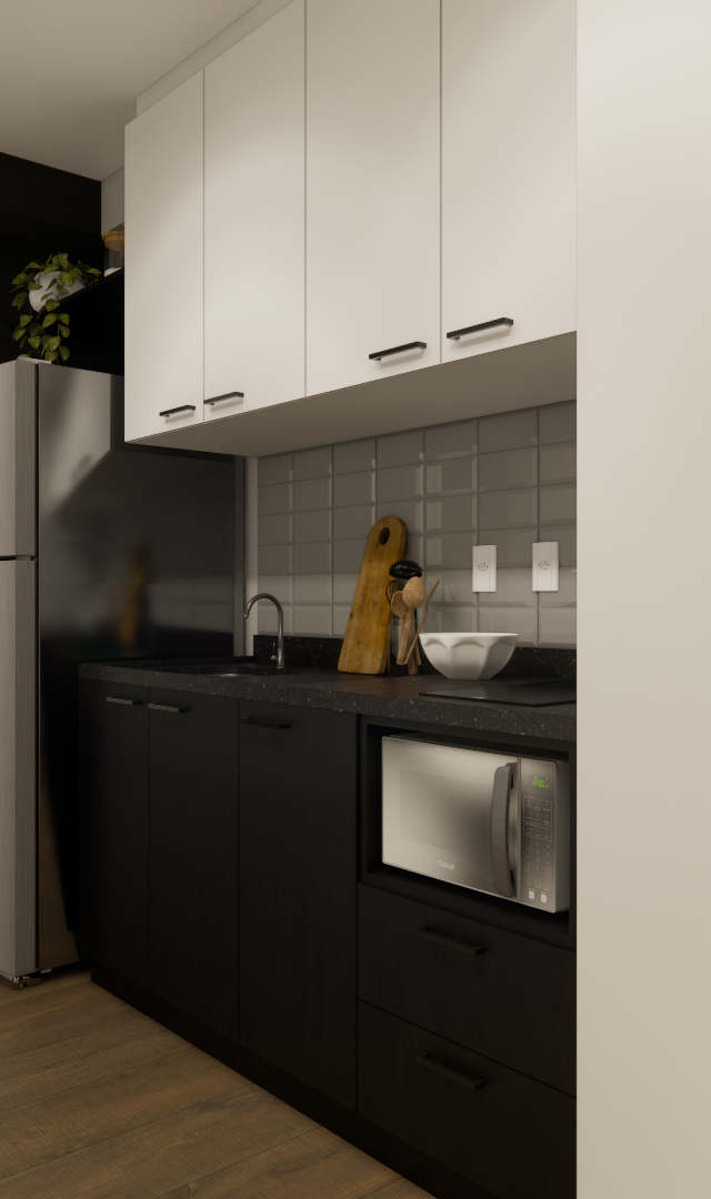 Render 3D de cozinha compacta com marcenaria bicolor preta e branca, bancada em pedra escura e piso amadeirado