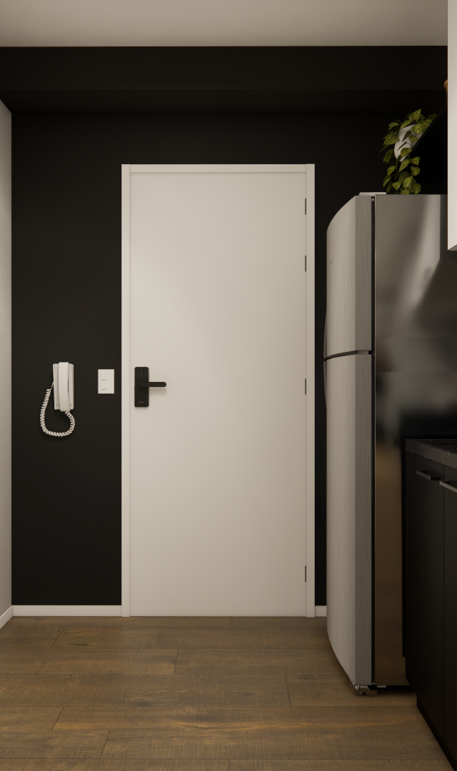 Render 3D de cozinha compacta com armários brancos e pretos, parede preta, bancada em pedra escura e piso amadeirado