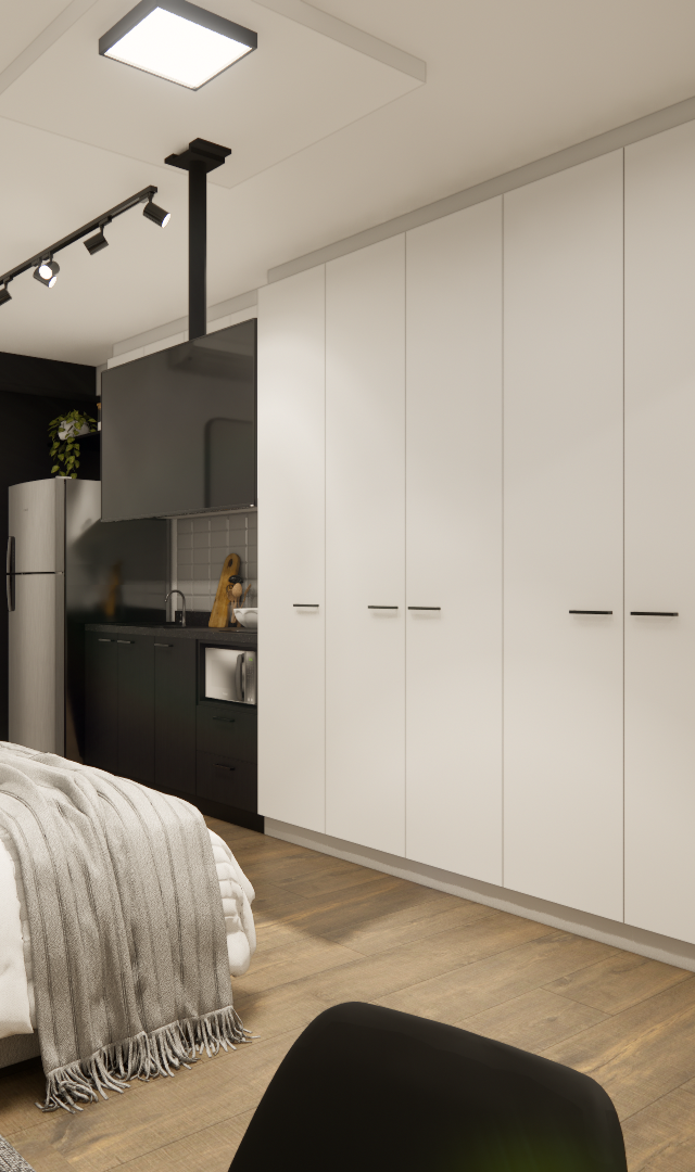 Render 3D de estúdio compacto com quarto, cozinha linear preta, armários brancos, piso amadeirado e iluminação em trilho