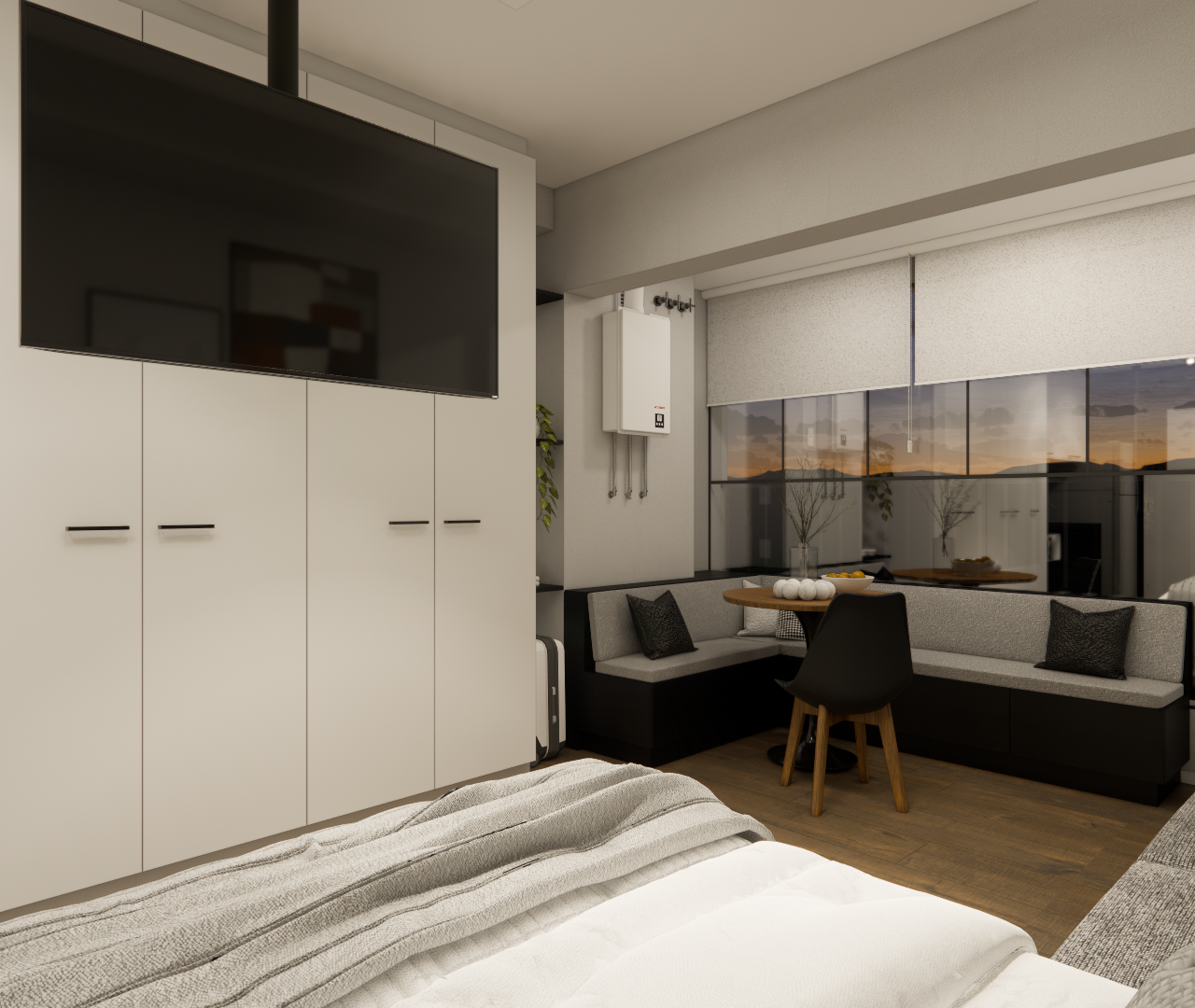 Render 3D de estúdio de 30m² com marcenaria branca, tv suspensa, banco estofado cinza, mesa redonda e tons neutros suaves