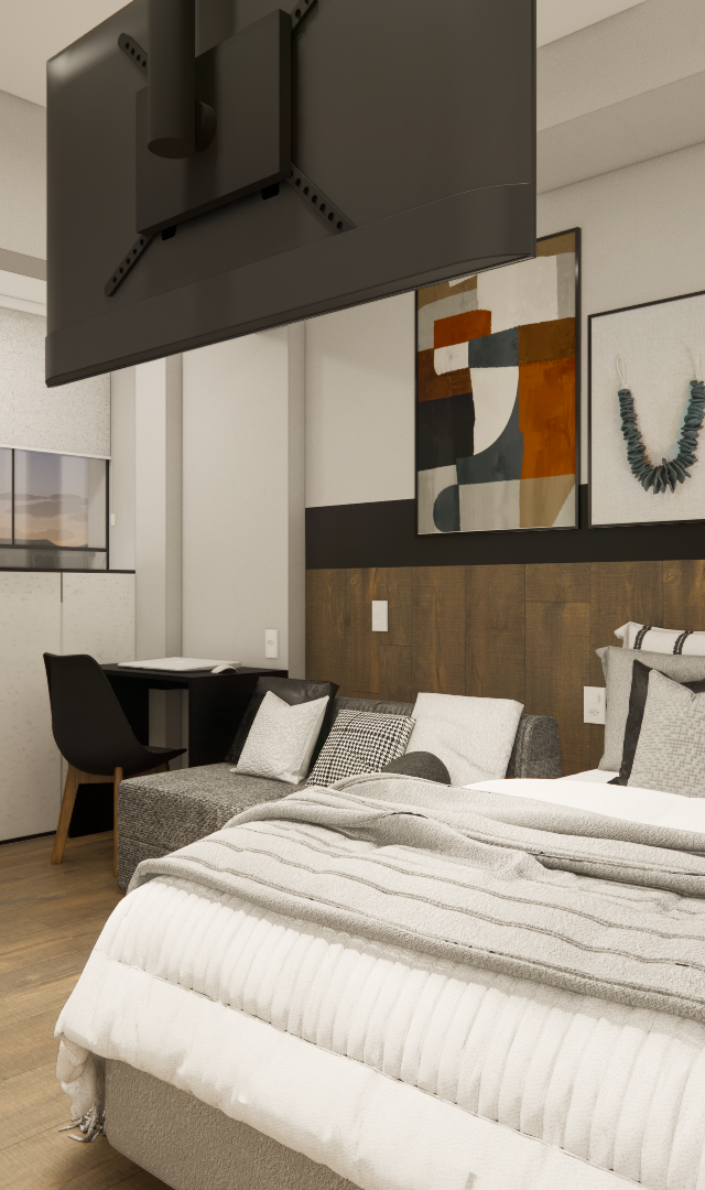 Render 3D de estúdio com cama, mesa de jantar, painel de madeira, TV suspensa, tons neutros e iluminação suave