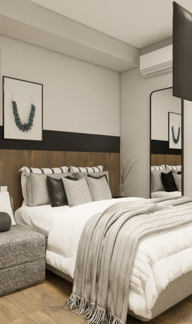 Render 3D de quarto compacto com cama, sofá cinza, painel amadeirado, detalhes pretos e iluminação em trilho